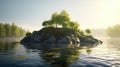 Tree on Island landscape with flowers and river. fantasy floating island with tree on the rock