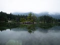 Tree island reflection in alpine mountain lake Hintersee cloudy mood Ramsau Berchtesgadener Land Bavaria Germany