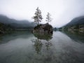 Tree island reflection in alpine mountain lake Hintersee cloudy mood Ramsau Berchtesgadener Land Bavaria Germany