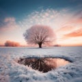 Tree with its reflection in a winter landscape at sunrise. Pink sunset on blue winter sky. Pond looks like a heart