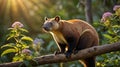 Matschie\'s Tree Kangaroo Perched on a Branch in the Forest with Sunlight and Flowers Royalty Free Stock Photo