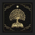 The tree of knowledge with ancient books with engraving, hand drawn, luxury, celestial, esoteric, boho style, fit for spiritualist