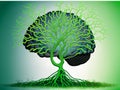 Tree of knowledge. Brain in the background behind a green tree with roots.