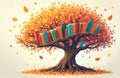 Tree of knowledge with colorful books on branches and falling autumn leaves. Illustration symbolizes learning growth wisdom and Royalty Free Stock Photo