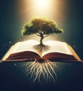 tree of knowledge with deep roots raising from a book , at sunset ,rays from the sun Royalty Free Stock Photo