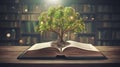 Tree of Knowledge Growing on Old Big Book in a Library. Education Concept, World Book Day, World Environment Day, Royalty Free Stock Photo