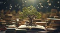 Tree of Knowledge Growing on Old Big Book in a Library. Education Concept, World Book Day, World Environment Day, Royalty Free Stock Photo