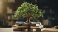 Tree of knowledge growing on old big book in a library. Education concept, world book day, world environment day, teachers day Royalty Free Stock Photo