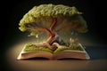 Tree of knowledge grows from book of wisdom. Abstract background about learning, studying, knowledge and information. Metaphor