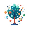 Tree of Knowledge with Planets and Rockets: Flat Vector Illustration for Educational Concepts Royalty Free Stock Photo