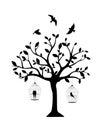 Tree silhouette with birdcage and flying bird silhouettes, vector Royalty Free Stock Photo