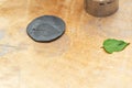 Kid craft imprint of a green leaf in black clay. Royalty Free Stock Photo