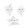 Tree leaves with faces, leaf personalization, graphic black and white drawing, ecological concept