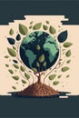 Tree with leaves overgrowing globe on beige background, created using generative ai technology