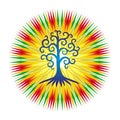 The tree of life against the background of the openwork mandala in bright colorful colors.