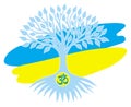 The tree of life on the background of the Ukrainian flag with a om, aum, ohm symbol. Spiritual symbol Royalty Free Stock Photo