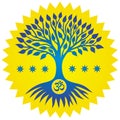 The tree of life is blue-blue with the sign Aum, Om, Ohm against the background of the yellow sun Royalty Free Stock Photo