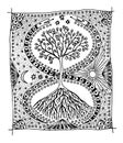 Tree of life, crown and roots, Sun, moon, two snakes in the form of a figure eight. Graphic drawing - black and white picture.