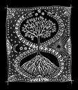 Tree of life, crown and roots, Sun, moon, two snakes in the form of a figure eight. Graphic drawing