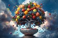 Tree of Life illustrated by cornucopia of growing fruits on robust tree in silver