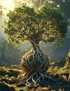 Tree of life with intricate roots in a glowing forest Royalty Free Stock Photo
