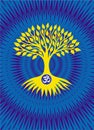 The tree of life with the sign Om / Aum / Ohm  on the background against the backdrop of an openwork blue mandala. Royalty Free Stock Photo