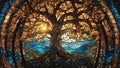 Tree of life stained glass window with sun shining through ai created Royalty Free Stock Photo