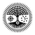 The tree of life in a sunny halo. Mandala. Spiritual and sacred symbol. Vector graphics Royalty Free Stock Photo