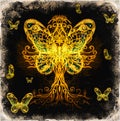 Tree of life symbol and butterfly on structured ornamental background, yggdrasil.