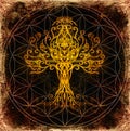 Tree of life symbol on structured ornamental background, flower of life pattern, yggdrasil. Royalty Free Stock Photo