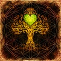 Tree of life symbol on structured ornamental background with heart shape, flower of life pattern, yggdrasil. Royalty Free Stock Photo