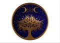 Tree of life Wicca sign mandala, Gold Mystical Moon Pentacle, Sacred geometry, Golden Crescent moon, half moon pagan Wiccan triple