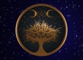 Tree of life Wicca sign mandala, Gold Mystical Moon Pentacle, Sacred geometry, Golden Crescent moon, half moon pagan Wiccan triple