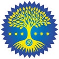 The tree of life is yellow with the sign Aum, Om, Ohm against the background of a blue star. Royalty Free Stock Photo