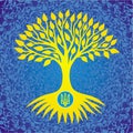 The tree of life is yellow with a trident against the background of an openwork blue mandala.