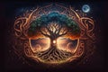 Tree of life Yggdrasil norse mythology, center of universe. Sacred source of the planet life