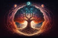 Tree of life Yggdrasil norse mythology, center of universe. Sacred source of the planet life