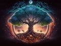 Tree of life Yggdrasil norse mythology, center of universe. Sacred source of the planet life