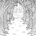 Line art the road under the trees leads to the sea and sunset, for adult coloring page and print on product.  Vector illustration Royalty Free Stock Photo
