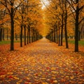 Tree-lined pathway with symmetrical rows of trees on either side, displaying vivid Royalty Free Stock Photo