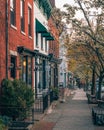 Tree-lined sidewalk with brick buildings - Main Street in Cold Spring, New York