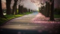 a tree lined sidewalk with pink flowers on the trees lining the sidewalk. generative ai Royalty Free Stock Photo