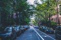 Tree lined street of historic brownstone apartment buildings in West Village neighborhood in Manhattan, New York City. Cars parked Royalty Free Stock Photo