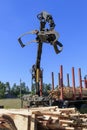 Tree log hydraulic manipulator. Load boards supplied to the construction site with a crane, manipulator Royalty Free Stock Photo