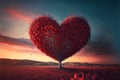 Tree of love. Red heart shaped tree at sunset. Beautiful landscape with red tree and falling leaves.Love background ai generated Royalty Free Stock Photo