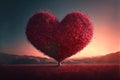 Tree of love. Red heart shaped tree at sunset. Beautiful landscape with red tree and falling leaves. Generative AI Royalty Free Stock Photo