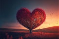 Tree of love. Red heart shaped tree at sunset. Beautiful landscape with red tree and falling leaves. Generative AI Royalty Free Stock Photo