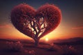 Tree of love. Red heart shaped tree at sunset. Beautiful landscape with red tree and falling leaves.Love background Royalty Free Stock Photo