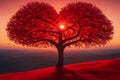 Tree of love and Valentine\'s day on a field in autumn at sunset..