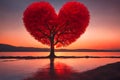 Tree of love and Valentine\'s day on a field in autumn at sunset..